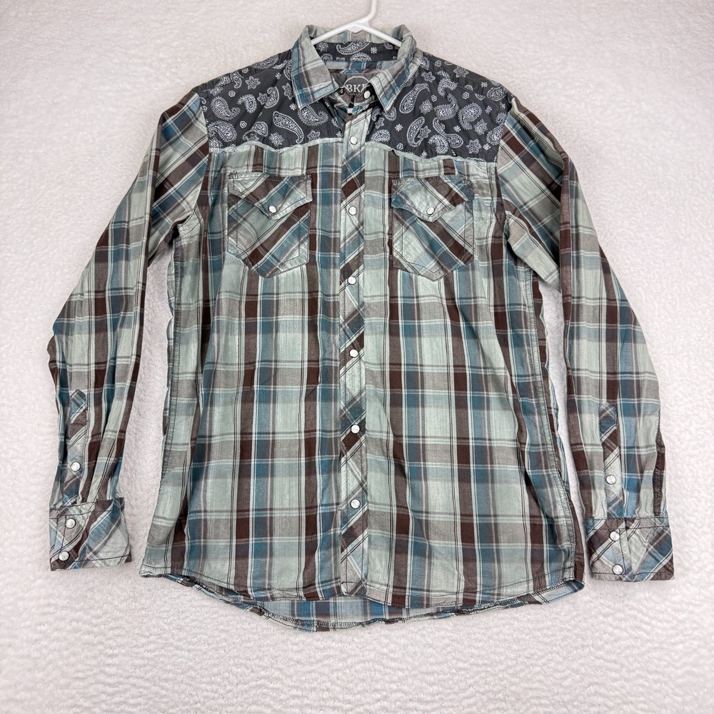 BKE Men's Pearl Snap Casual Button-Down Shirt Large Blue Brown Cotton